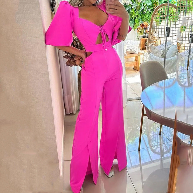 Summer Fashion V-neck Half Sleeves Midriff Outfit Loose Solid Color Jumpsuit