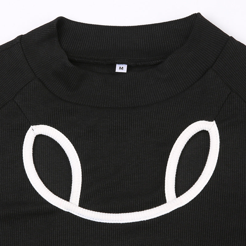 Women's Contrast Color Hollow Out Long Sleeve Crop Top