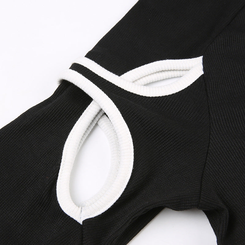 Women's Contrast Color Hollow Out Long Sleeve Crop Top
