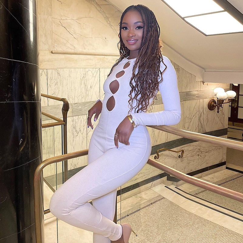Tight Jumpsuit Solid Color Pullover Long Sleeve One-piece Trousers