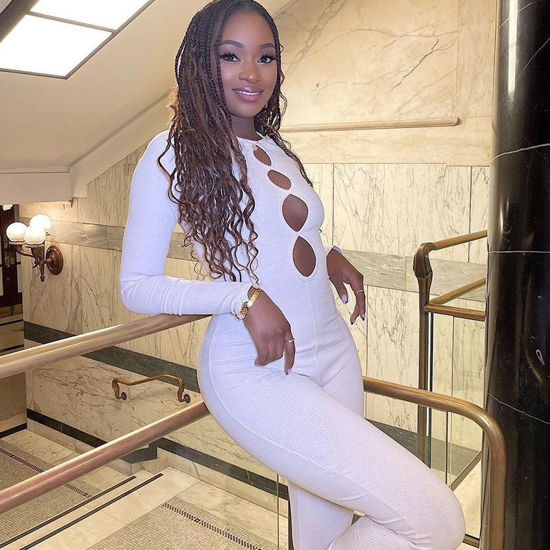Tight Jumpsuit Solid Color Pullover Long Sleeve One-piece Trousers