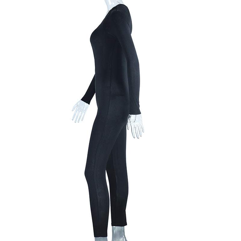 Tight Jumpsuit Solid Color Pullover Long Sleeve One-piece Trousers