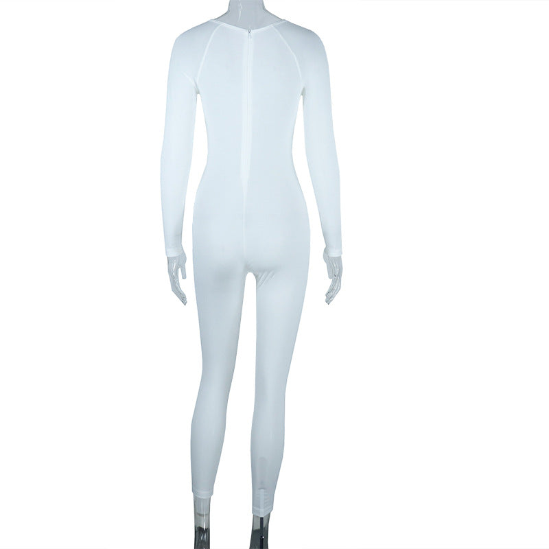 Tight Jumpsuit Solid Color Pullover Long Sleeve One-piece Trousers