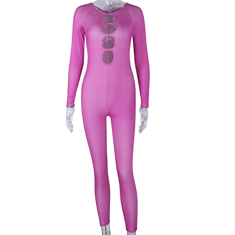 Tight Jumpsuit Solid Color Pullover Long Sleeve One-piece Trousers