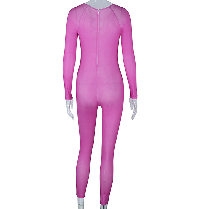 Tight Jumpsuit Solid Color Pullover Long Sleeve One-piece Trousers