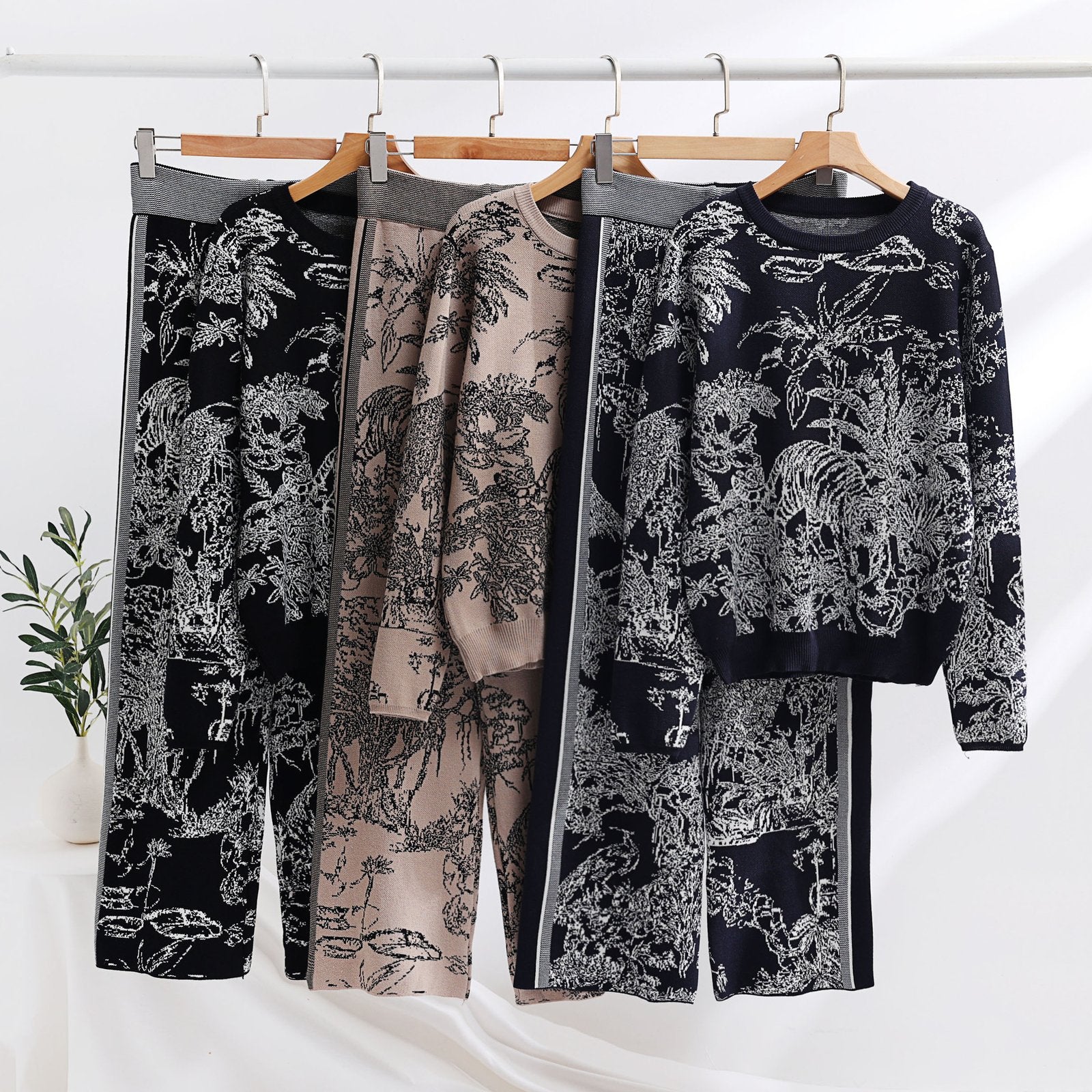 Women's Two-piece Knit Set - Pullover Sweater & High Waist Wide Leg Top