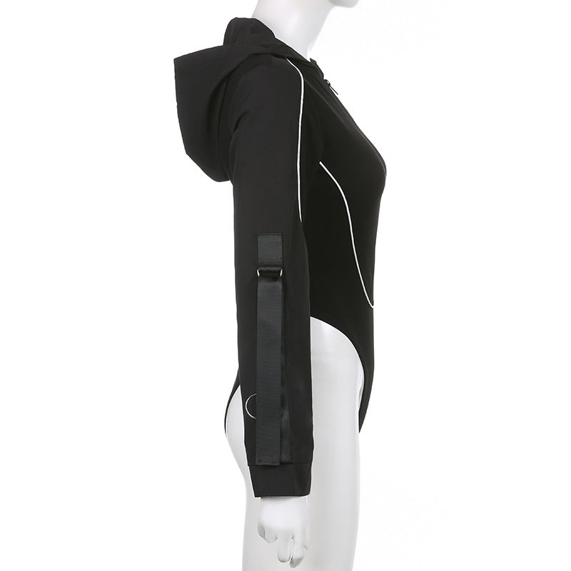 American Street Cool Locomotive Style Ribbon Zipper Hooded Long Sleeve Jumpsuit