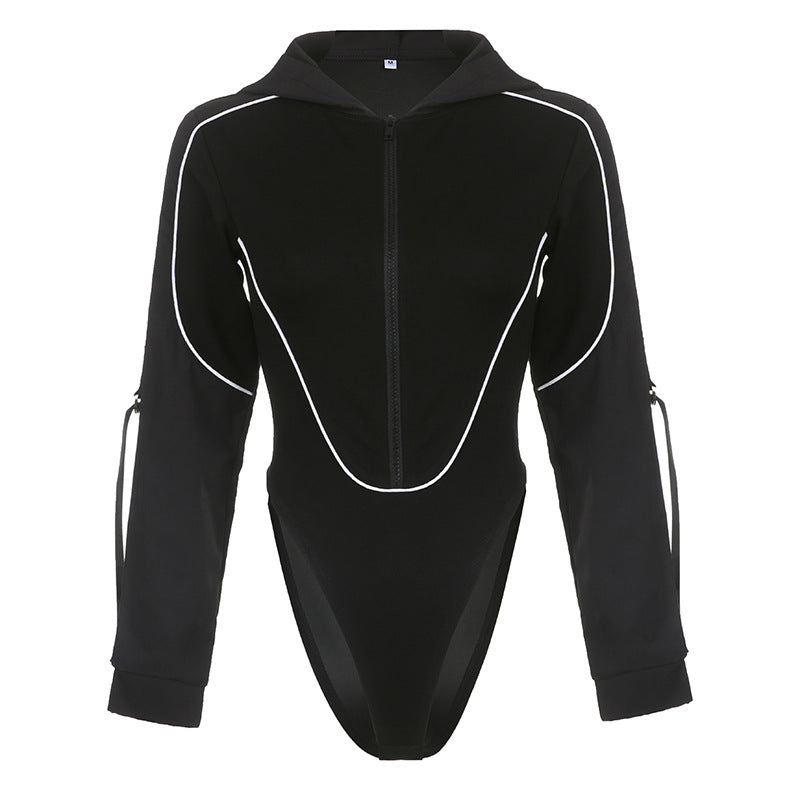 American Street Cool Locomotive Style Ribbon Zipper Hooded Long Sleeve Jumpsuit