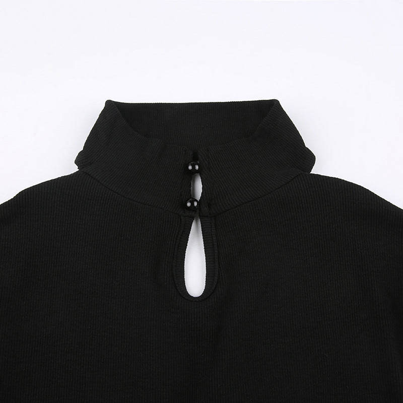 Sexy Cutout Design Stitching Fake Two-piece Stand Collar Thread Slim Solid Color Long Sleeve Base Bodysuit