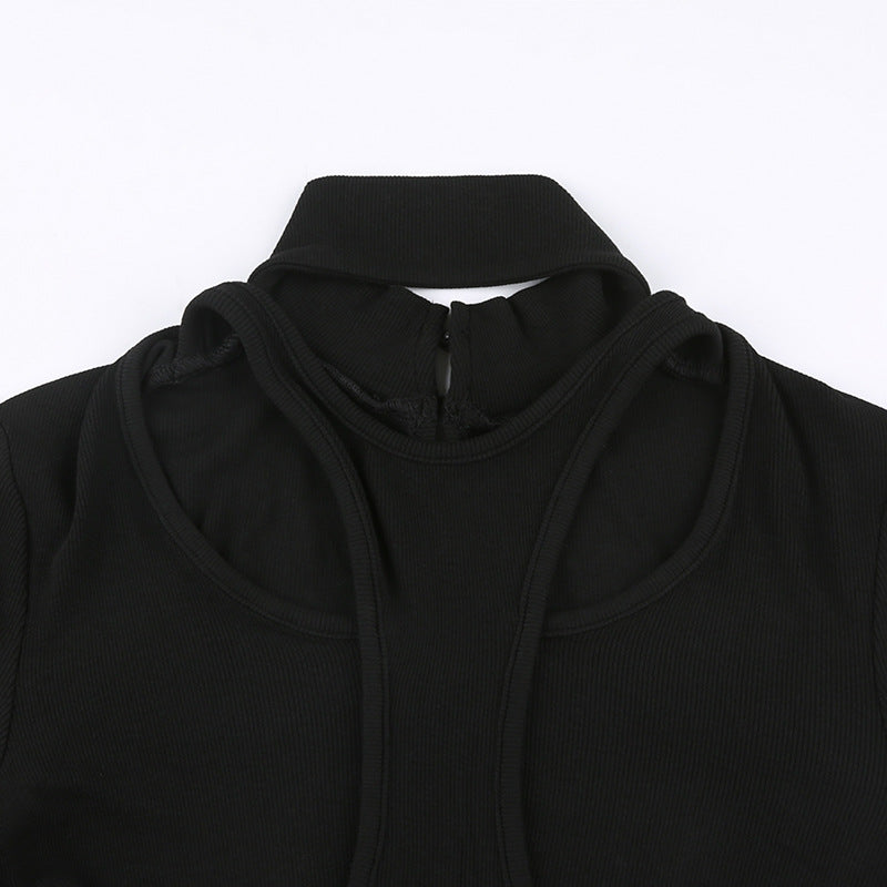 Sexy Cutout Design Stitching Fake Two-piece Stand Collar Thread Slim Solid Color Long Sleeve Base Bodysuit