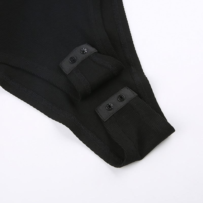 Sexy Cutout Design Stitching Fake Two-piece Stand Collar Thread Slim Solid Color Long Sleeve Base Bodysuit