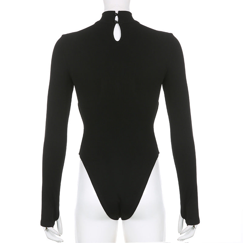 Sexy Cutout Design Stitching Fake Two-piece Stand Collar Thread Slim Solid Color Long Sleeve Base Bodysuit
