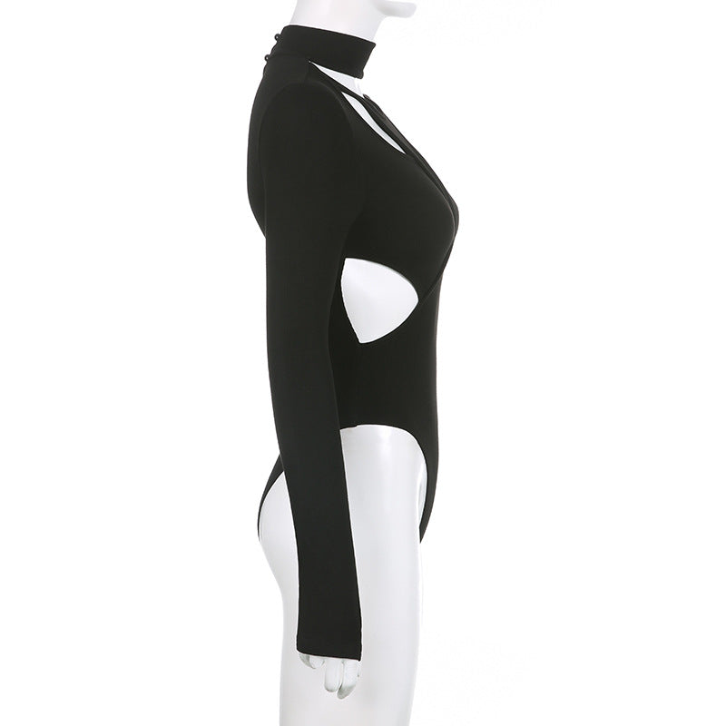 Sexy Cutout Design Stitching Fake Two-piece Stand Collar Thread Slim Solid Color Long Sleeve Base Bodysuit