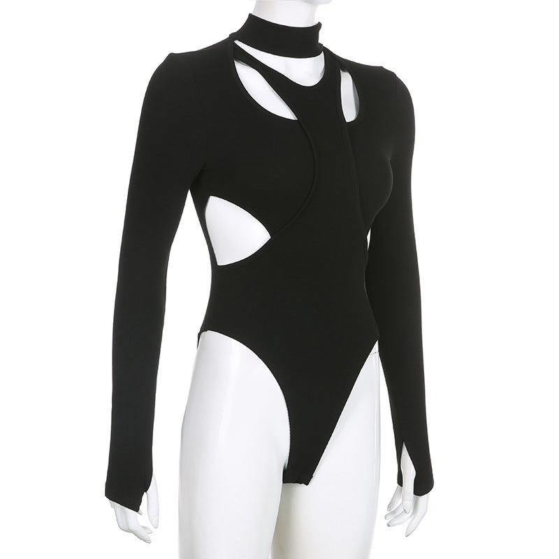 Sexy Cutout Design Stitching Fake Two-piece Stand Collar Thread Slim Solid Color Long Sleeve Base Bodysuit