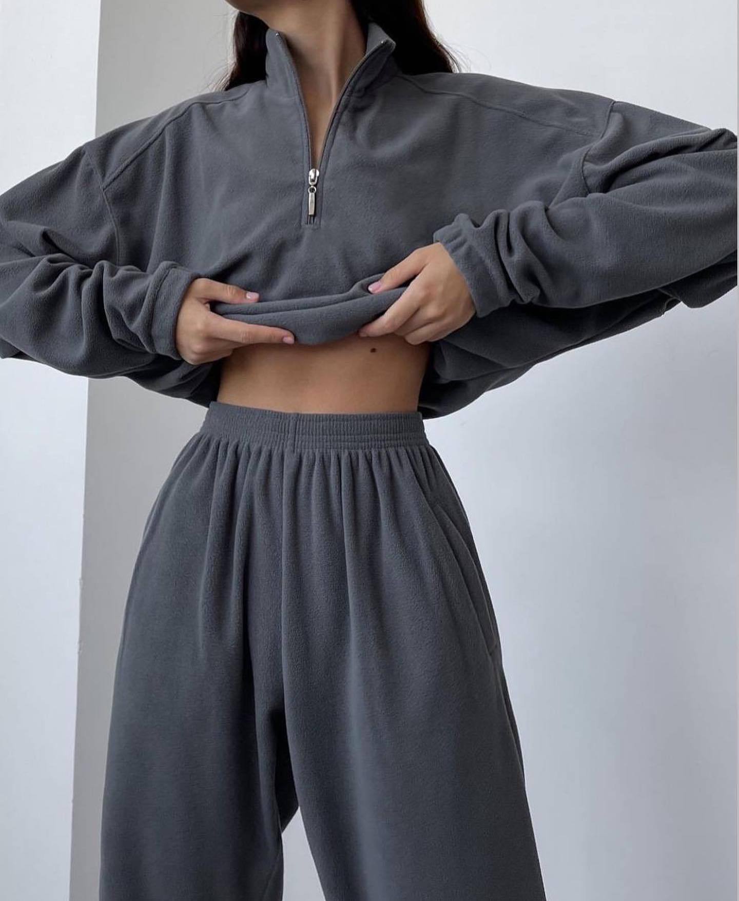Cozy Fleece High-Collar Pullover Sweatshirt Set