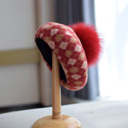 Warm Wool Beret for Women, Autumn & Winter Check Fur Ball Hat