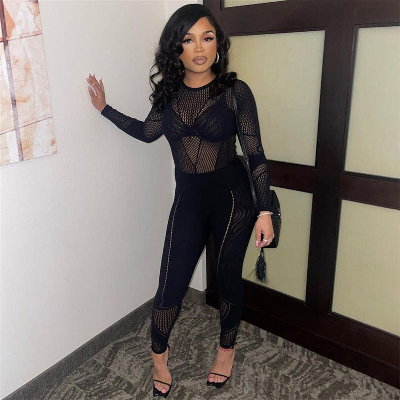 Women's Hollow Jacquard Knitted High Waist Jumpsuit