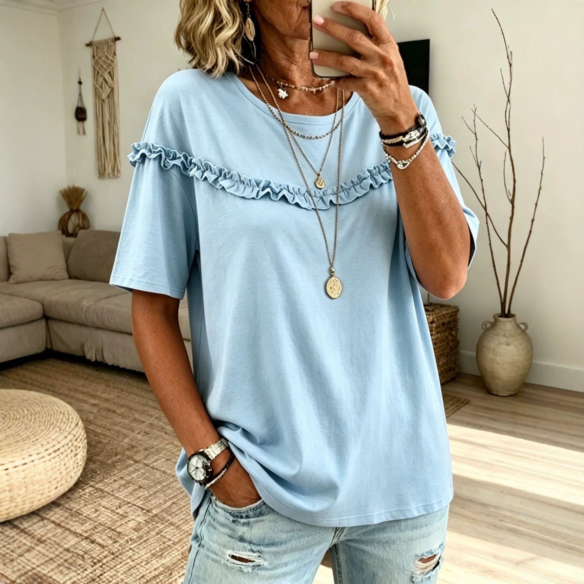 Ruffled Crew-neck T-shirt for Women