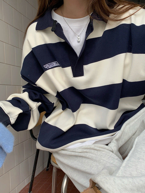 Retro Striped Polo Sweater for Women | Chic Casual Knitwear