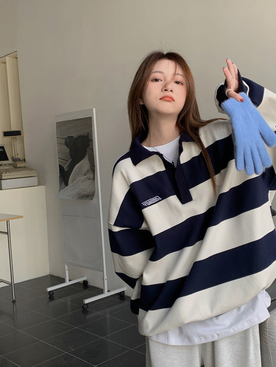 Retro Striped Polo Sweater for Women | Chic Casual Knitwear