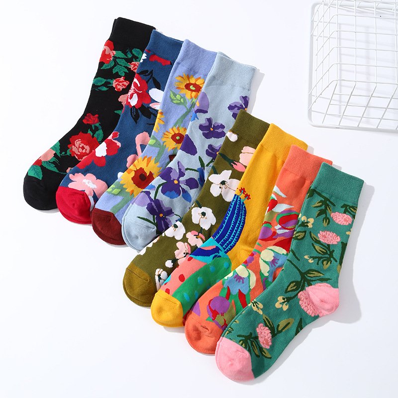 Cozy Mid-calf Cotton Socks for Women - Fall Winter Floral Pattern