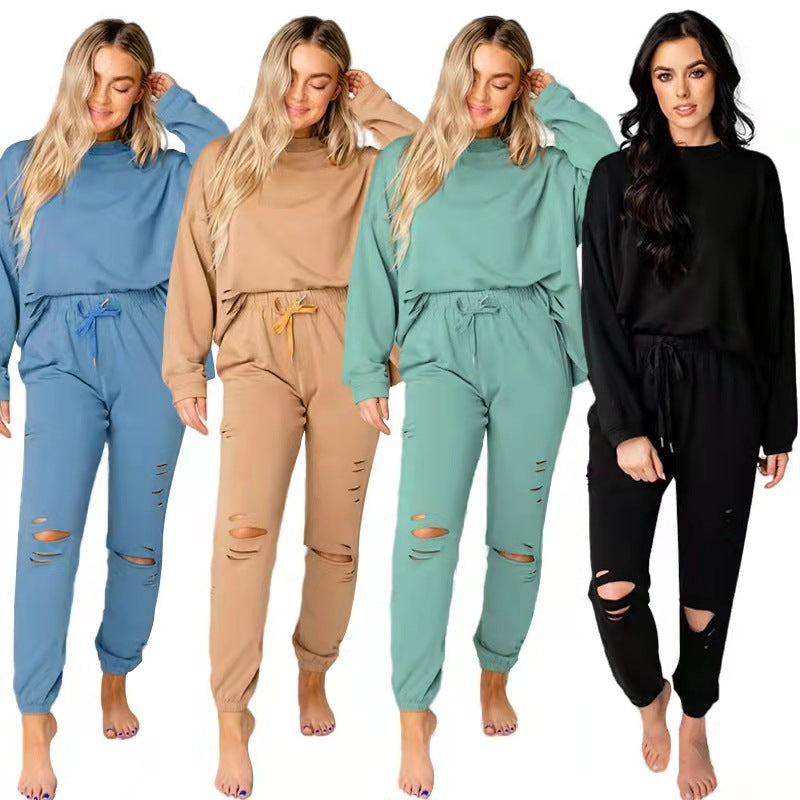 Women's Solid Ripped Pullover & Pants Casual Cotton Lounge Set