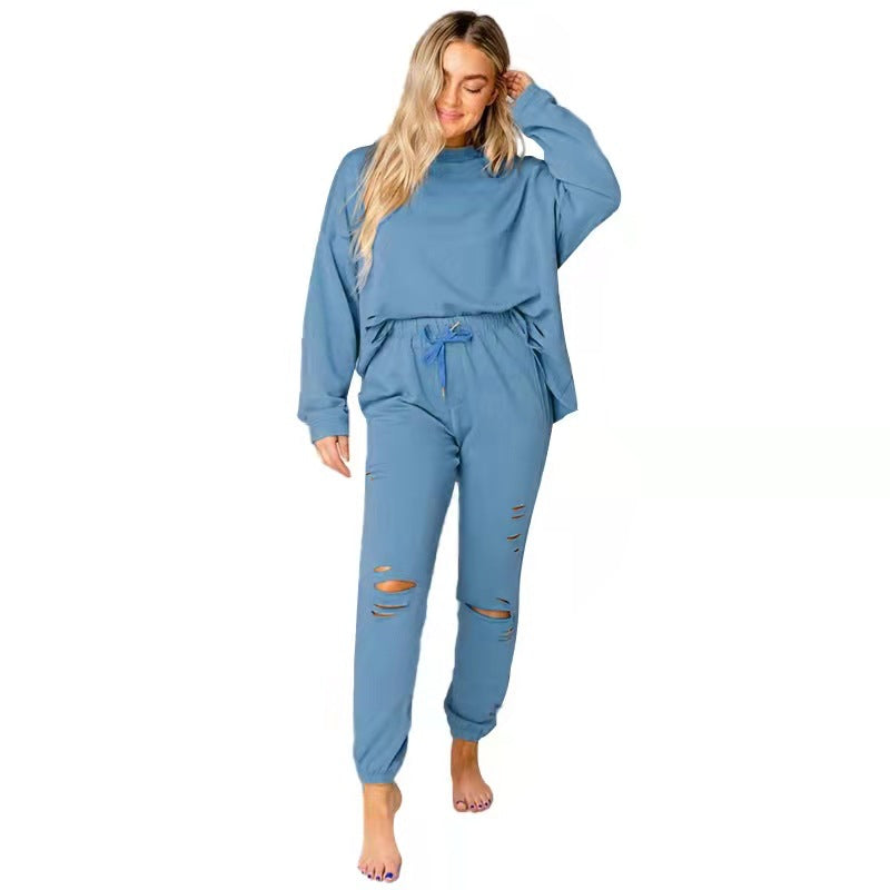 Women's Solid Ripped Pullover & Pants Casual Cotton Lounge Set