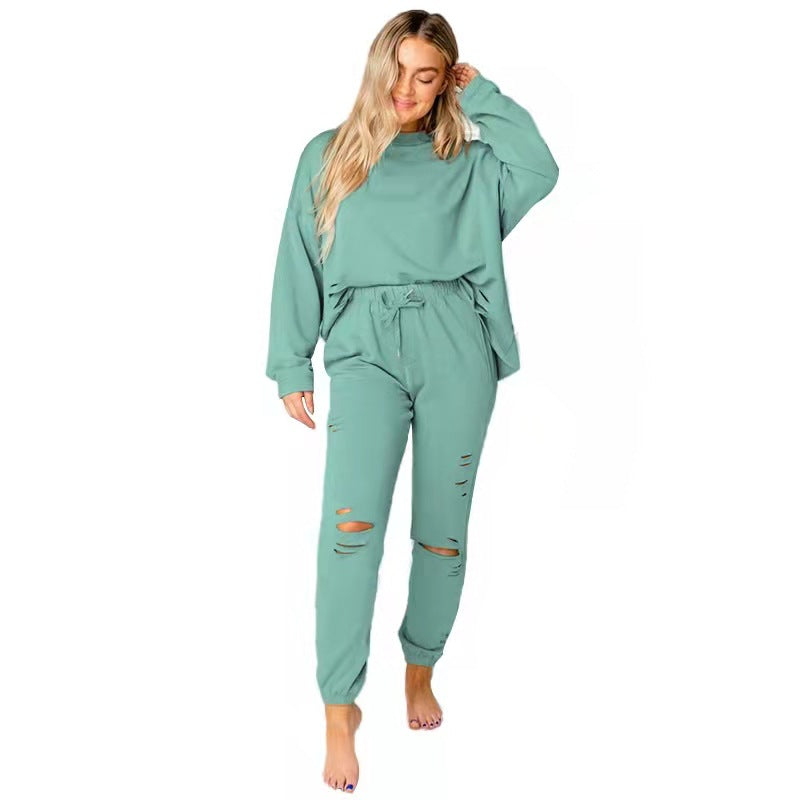 Women's Solid Ripped Pullover & Pants Casual Cotton Lounge Set