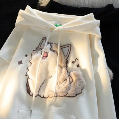 Cute Embroidered Kitten Fleece-Lined Hooded Sweatshirt