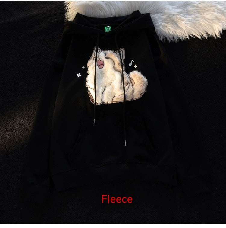 Cute Embroidered Kitten Fleece-Lined Hooded Sweatshirt