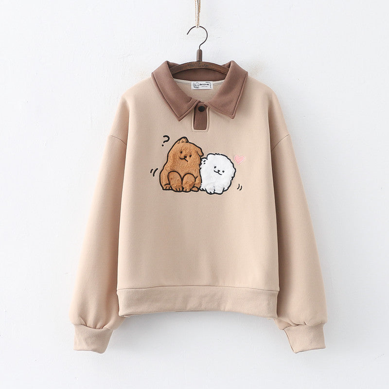 Cute Cartoon Dog Fleece-Lined Pullover Sweater