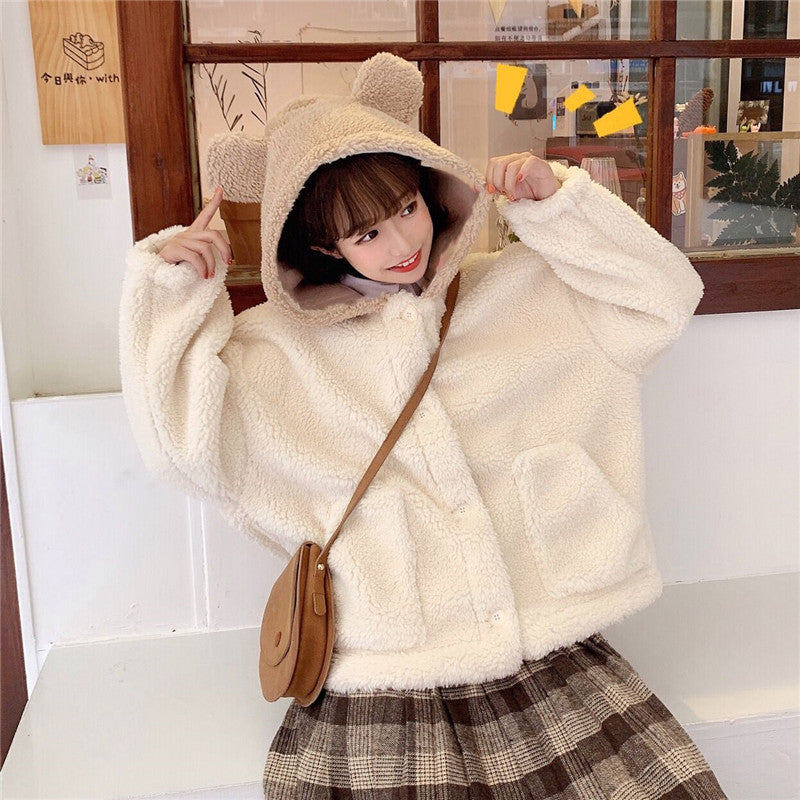 Cute Bear Ear Lamb Wool Winter Cardigan