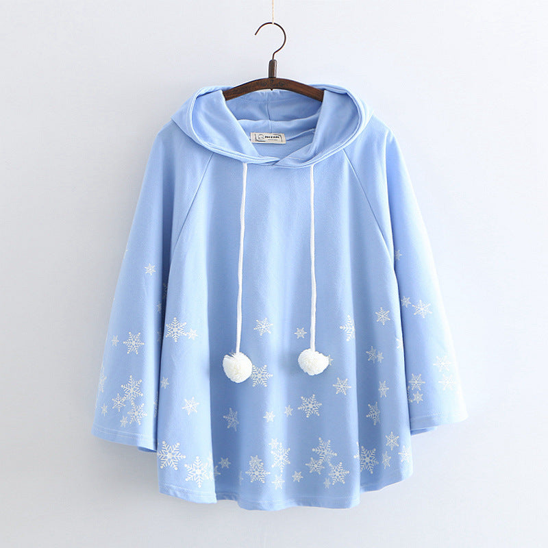 Cute Snowflake Print Hoodie Sweet Japanese College Pullover