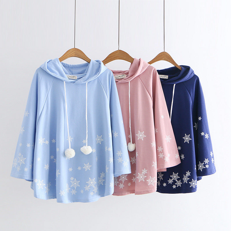 Cute Snowflake Print Hoodie Sweet Japanese College Pullover