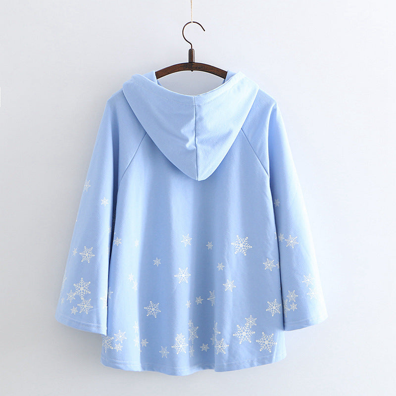 Cute Snowflake Print Hoodie Sweet Japanese College Pullover