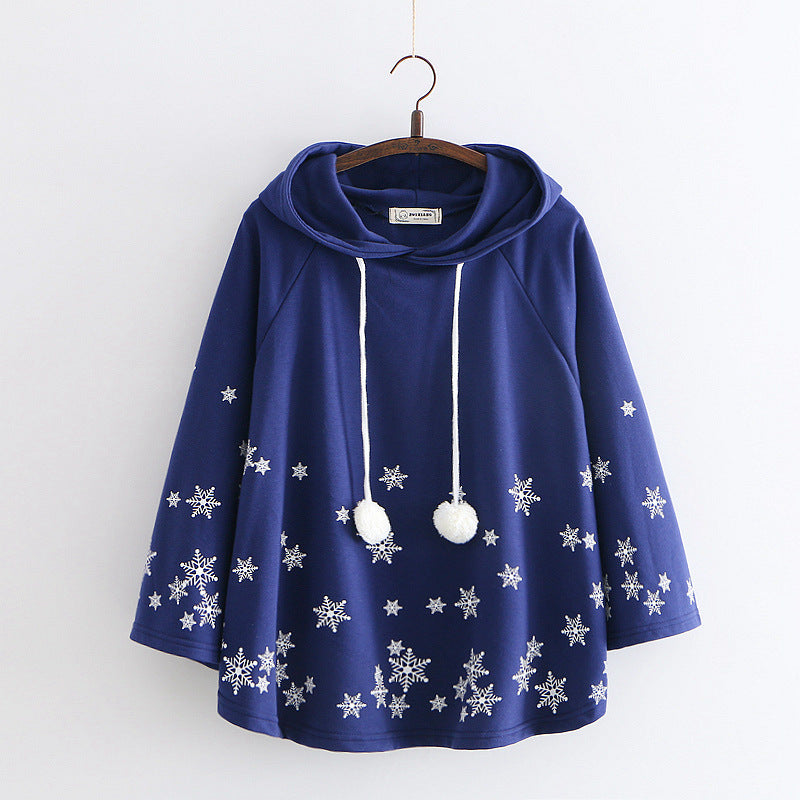 Cute Snowflake Print Hoodie Sweet Japanese College Pullover
