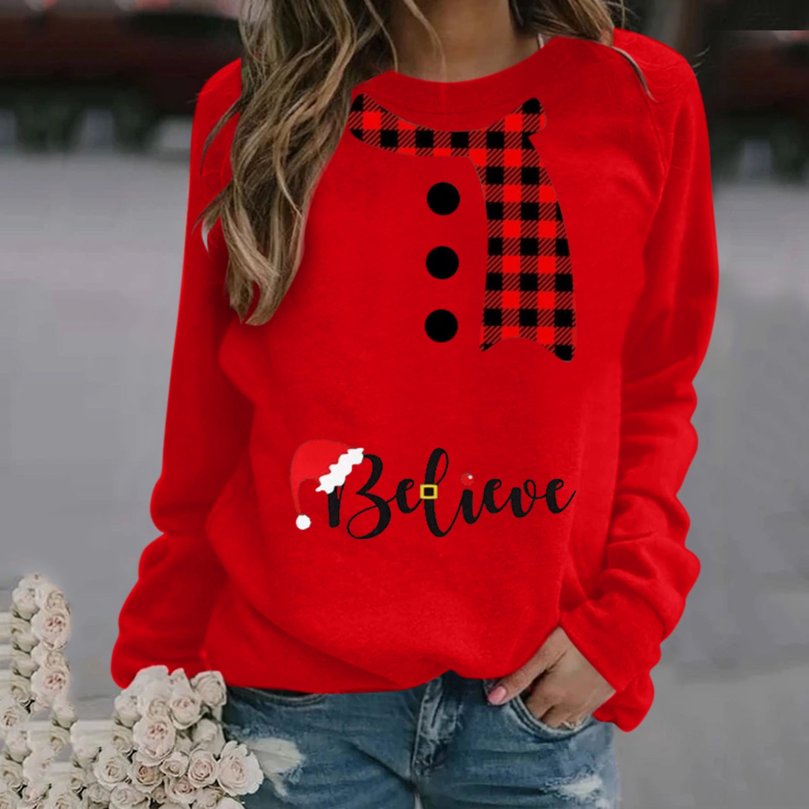 Women's Festive Christmas Print Long Sleeve Crew Neck Sweater