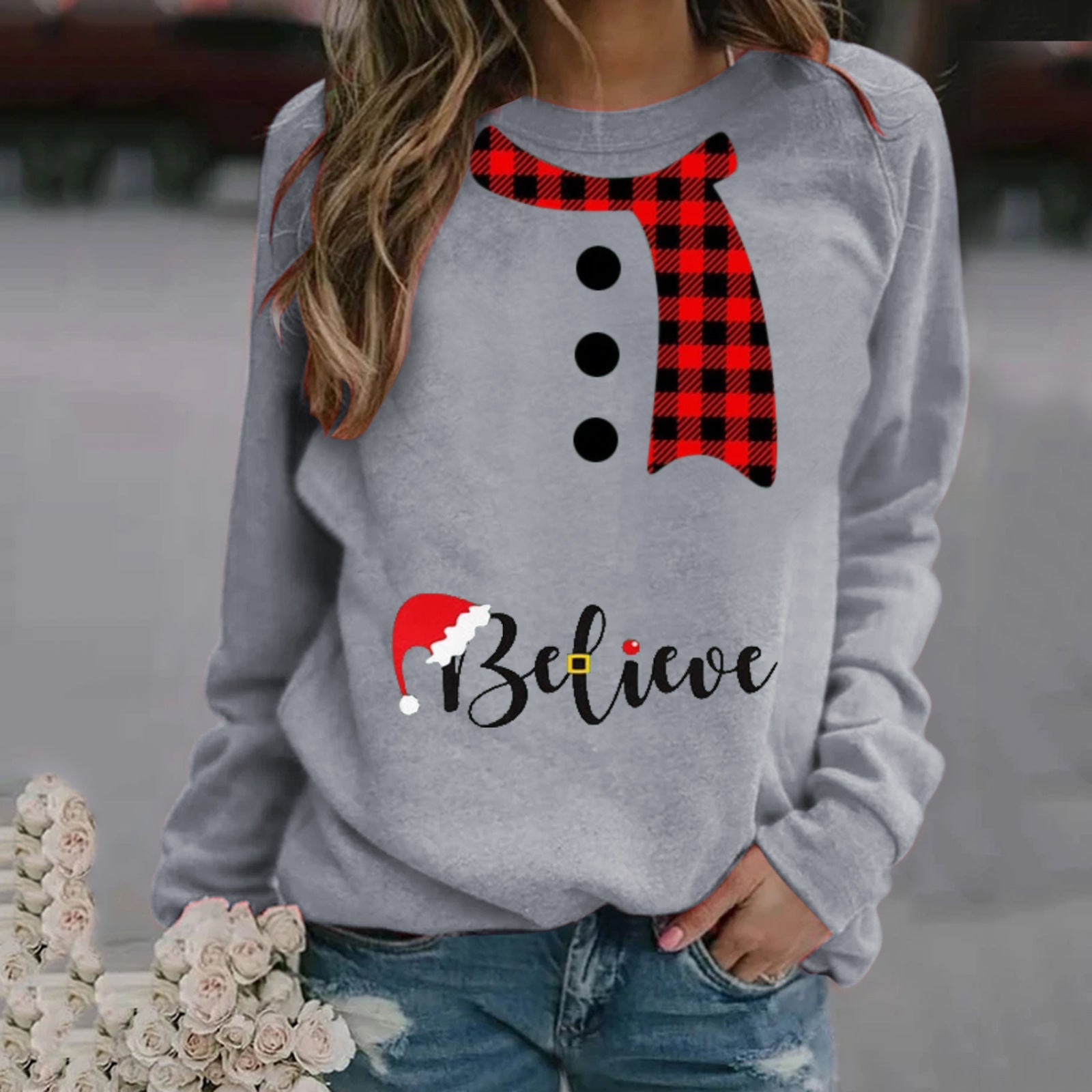 Women's Festive Christmas Print Long Sleeve Crew Neck Sweater