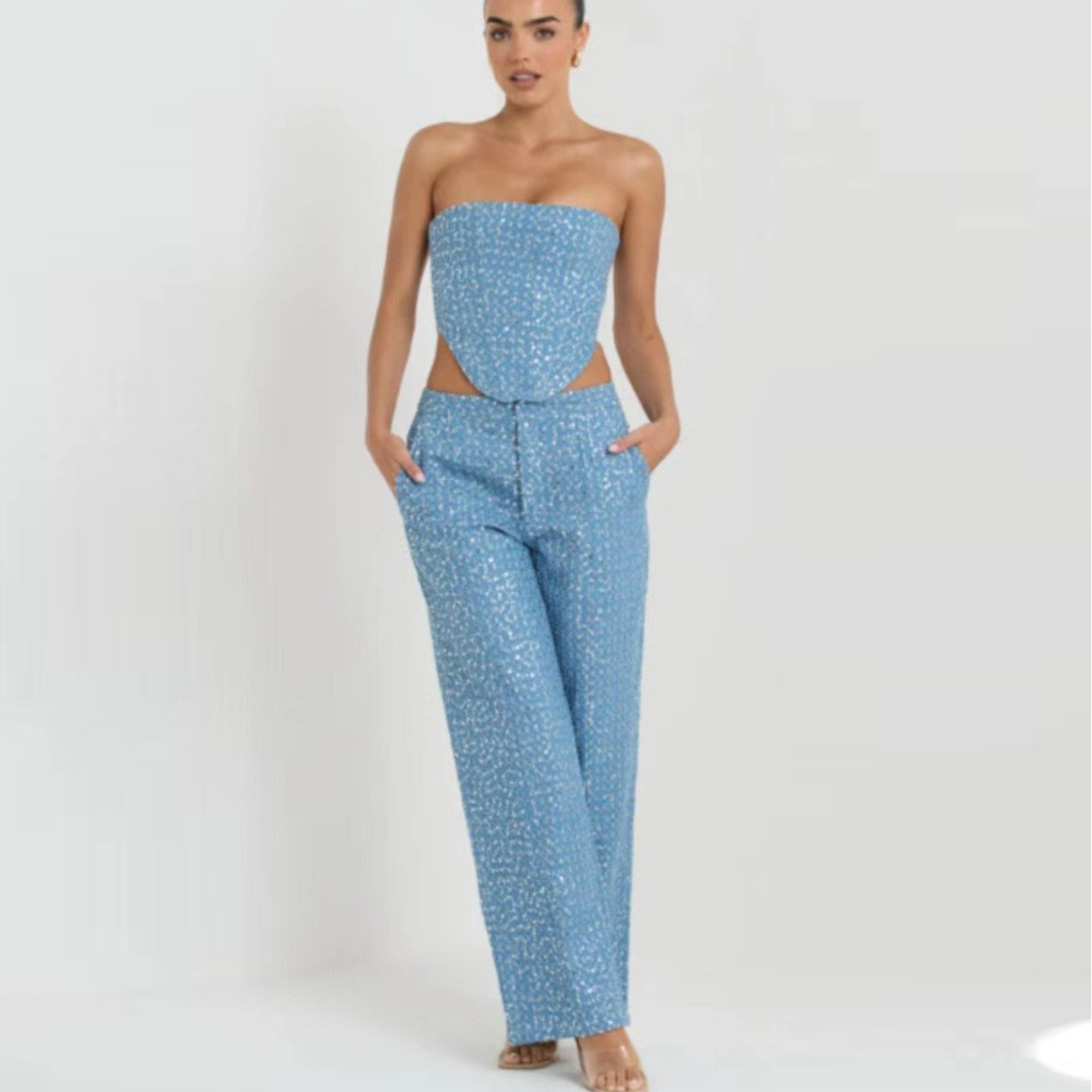Sequined Denim Wide Leg Jumpsuit Set for Women