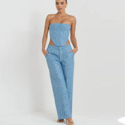 Sequined Denim Wide Leg Jumpsuit Set for Women