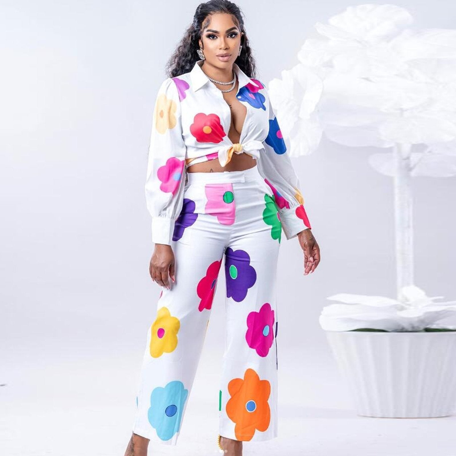 Women's Color Printed Two-piece Set Shirt Suit