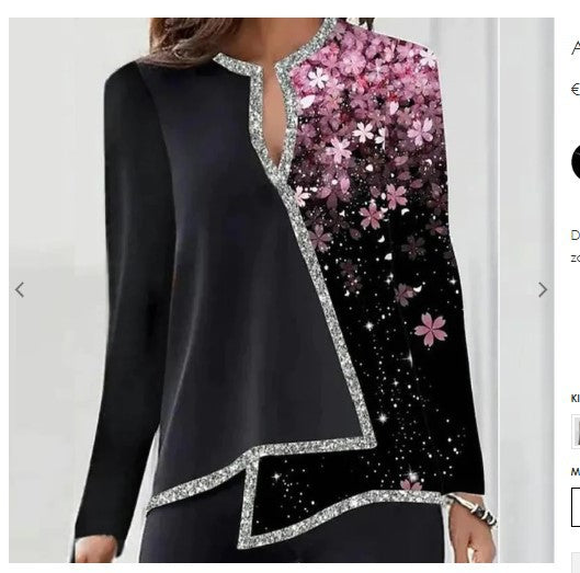 Floral Print V-Neck Asymmetric Long Sleeve Women's Top