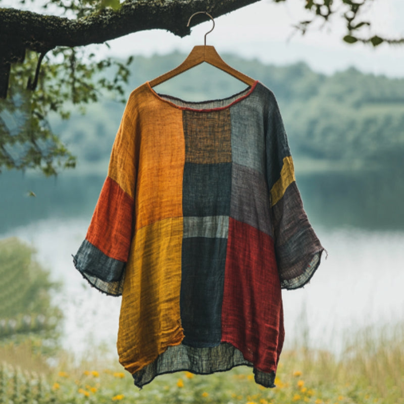 Vintage Color Block Linen T-Shirt – Flax Blend, Loose Fit