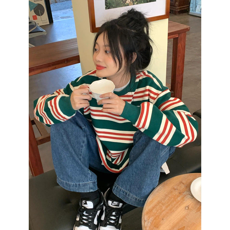 Retro Letter Embroidered Striped Casual Pullover Sweater