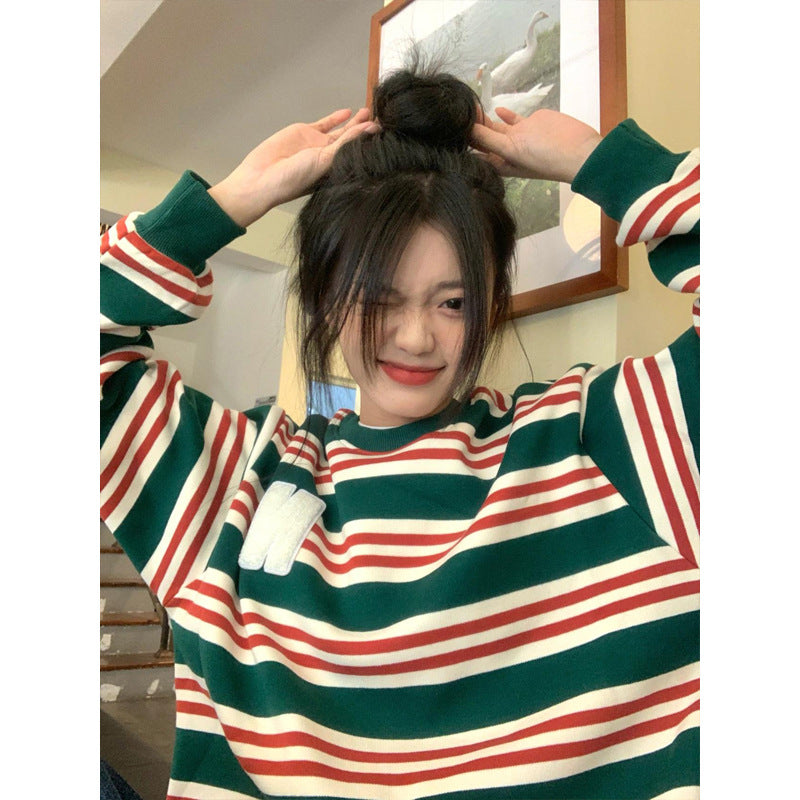 Retro Letter Embroidered Striped Casual Pullover Sweater