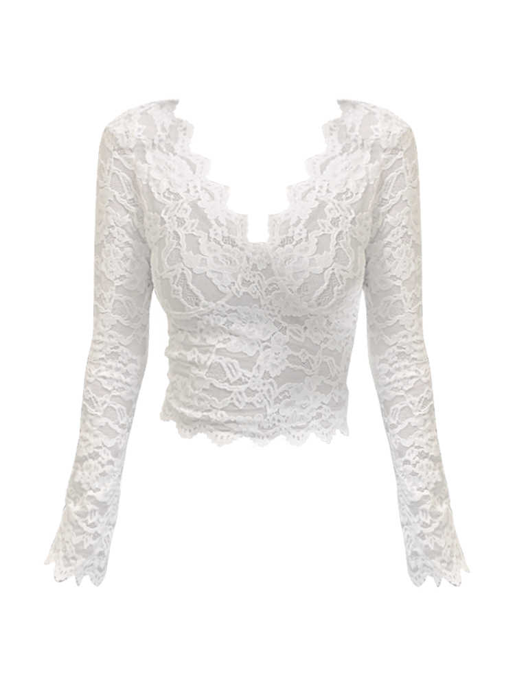 V-neck Lace Ribbon Chest Pad White Long Sleeve Bottoming Shirt