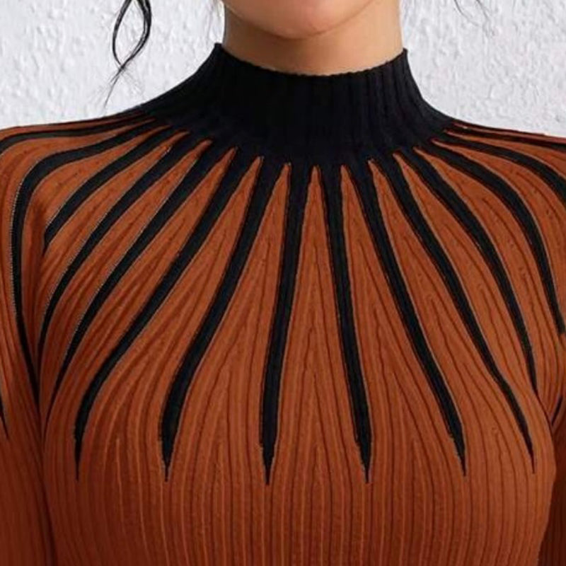 Womens Slim Fit Mock Neck Sweater, Ribbed Striped Long Sleeve Knit for Fall Winter