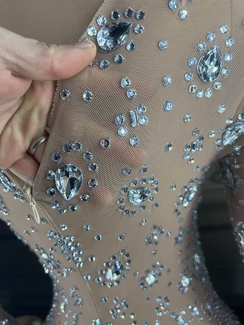 Nightclub Bar Party Sheer Cutout Rhinestone Jumpsuit