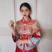 Traditional Red Gold Tassel Shawl for Women