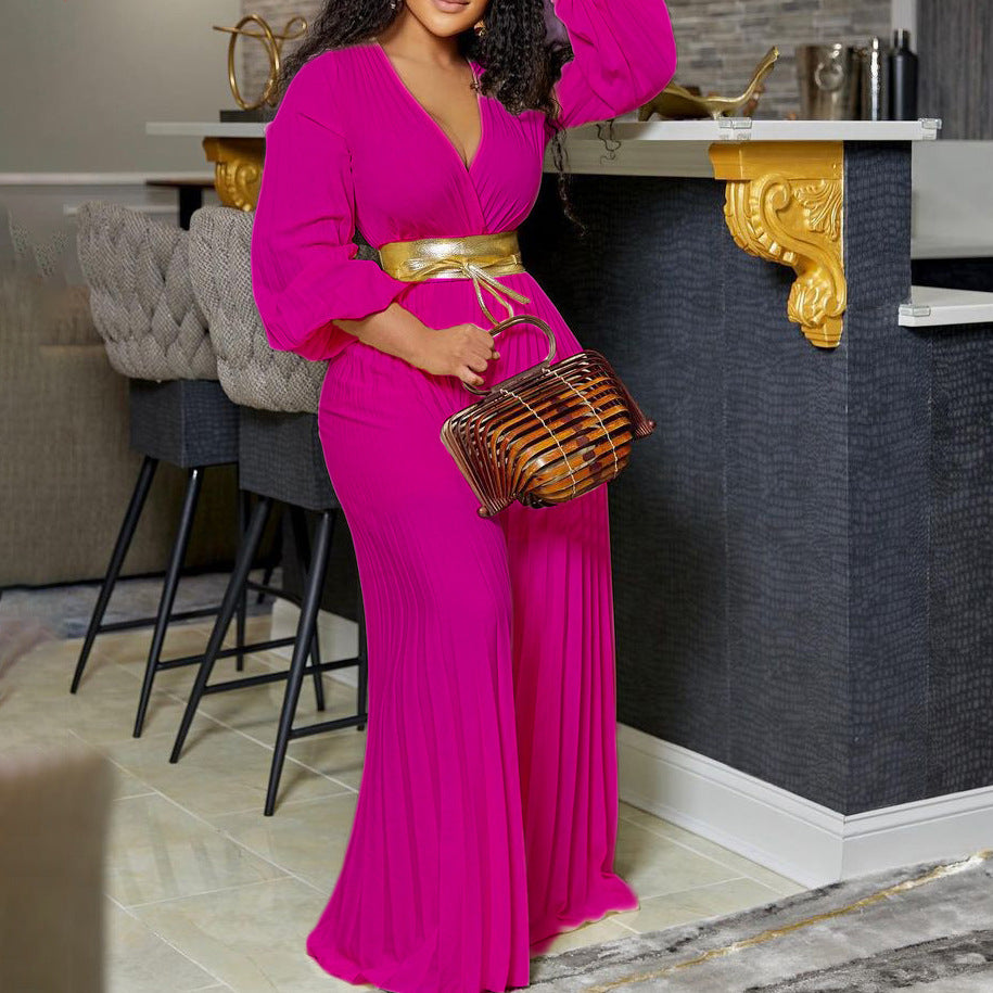 V-neck Lace Up Pleated Wide-leg Plus Size Jumpsuit